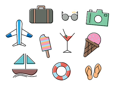 set of summer traveling icons airplane beach boat camera cartoon doodle drink flip flops glasses ice cream icons lime luggage popsicles summer swim tour travel tropical yacht