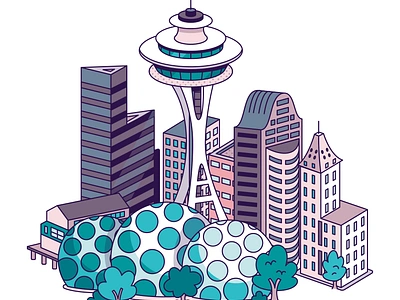 Seattle, WA architecture building cartoon city icon illustration map northwest pacific seattle spaceneedle vector washington