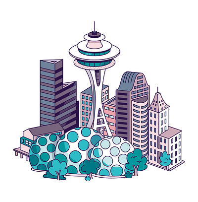 Seattle, WA architecture building cartoon city icon illustration map northwest pacific seattle spaceneedle vector washington