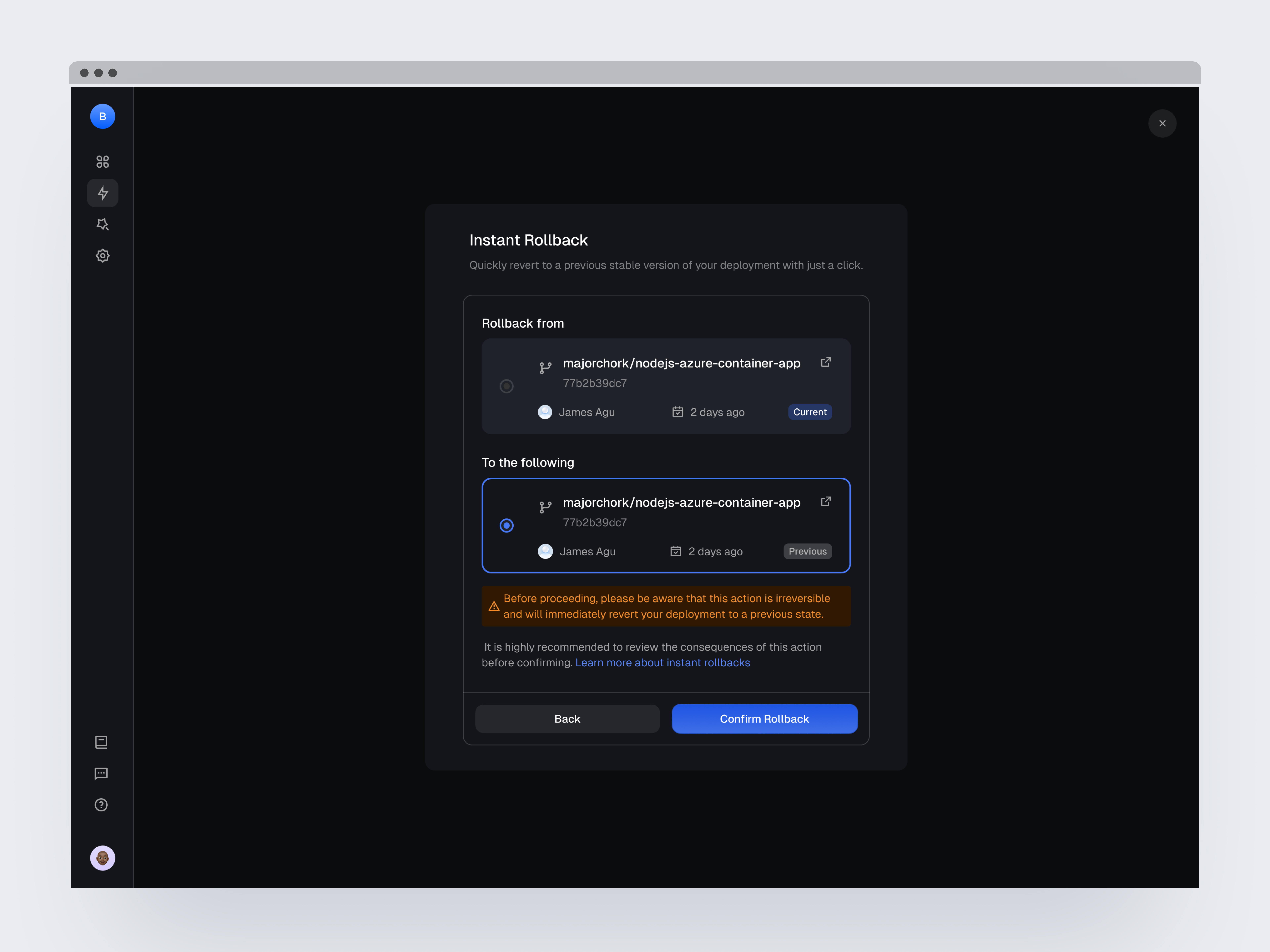 Instant Rollback - Clouddley cloud severs deploy deploy apps digital ocean heroku rollback rollbacks ui vercel