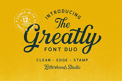 Greatly Font Duo + Logo Templates a script emblem font duo gritty grunge label letterpress logo template old school retro sans stamp tshirt typeface vintage