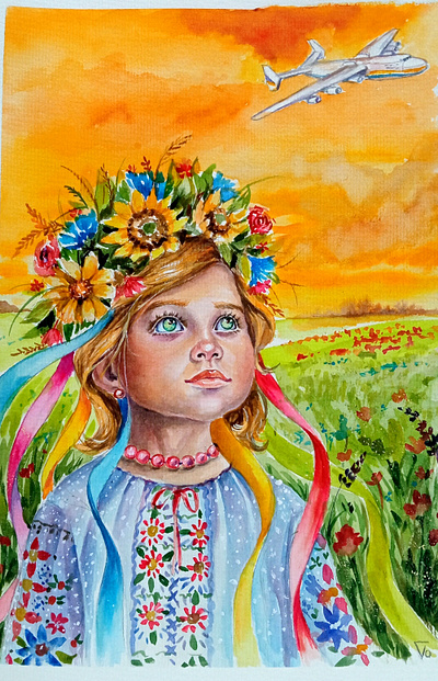 Original watercolor illustration, Ukrainian girl in national art flower folk girl hand painted paint painting plane ukraine watercolor