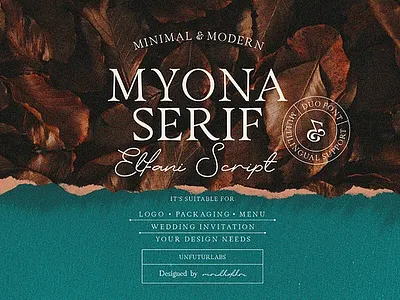 Myona Serif & Elfani Script + Extra designer kit elegant element design film font logo menu design minimalist font modern packaging design script font serif font stories template templates for instagram wedding invitation