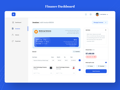 Finance Dashboard credit card finance financial dashboard invoce details invoice money ui ux visual design