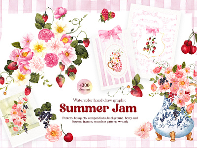 Summer Jam. Watercolor graphic berry and flowers. berry botanical branding cherry currant floral flowers graphic hand draw jam kitchen raspberry spring strawberry summer vase watercolor