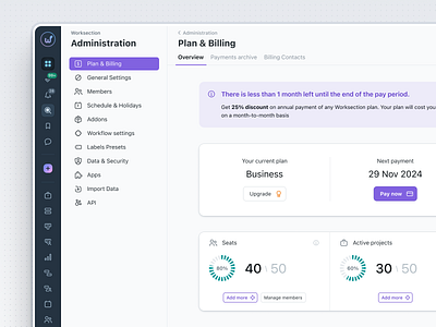 Plan dashboard — task manager | worksection account seats admin bill bill plan chart product design saas ui