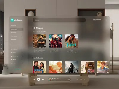 JioSaavn App as envisioned in VisionPro animation apple design experience figma graphic design interaction product spatialdesign ui uiux user visionos visionpro
