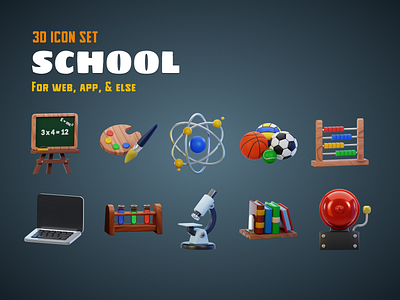 SCHOOL 3D ICON SET 3d campus icon illustration laptop learning school science sport study
