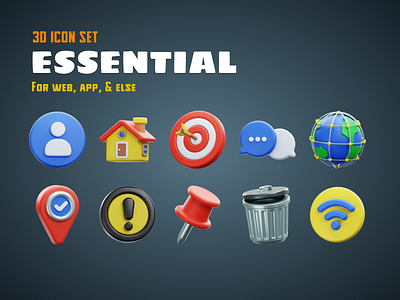 UI ESSENTIAL 3D ICON SET 3d communication essential global home icon location pin target trash can ui user interface warning wifi