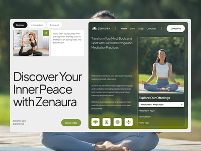Zenaura - Meditation Website design hero section layout meditation mindfullness peacefull santai typography ui user interface ux web design website yoga