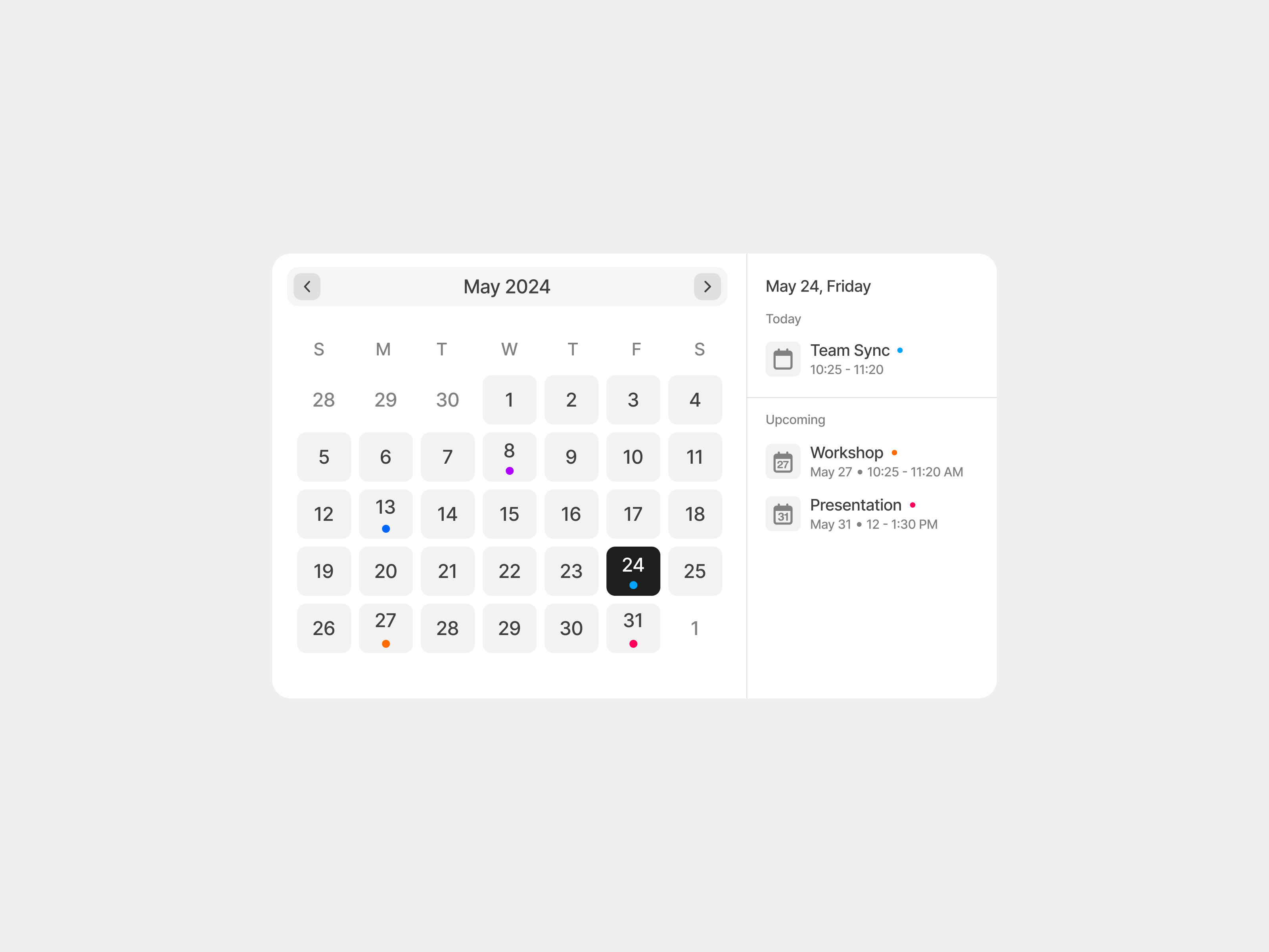 Calendar Modal app calendar column component date picker design design system dropdown figma landing page light mode list minimalist modal row sidebar ui ui design ui kit widget