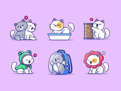 Cat Activities🐈 animal bath branding cat cat bag character costume couple animal cute flat frog fur icon illustration logo paw pet rope vector