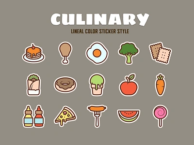 Culinary Icon Set apple broccoli carrot condiment culinary dish donut egg food fried chicken ice cream icon icon set kebab lollipop pancake pizza slice sausage sticker watermelon