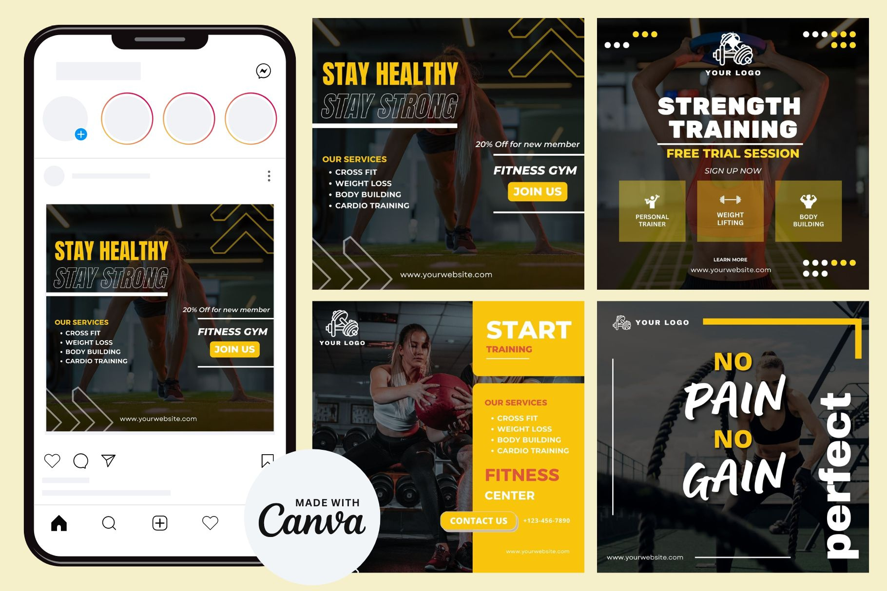 Women Gym Instagram Templates ads canva fit fitness graphic design gym health instagram marketing social media women