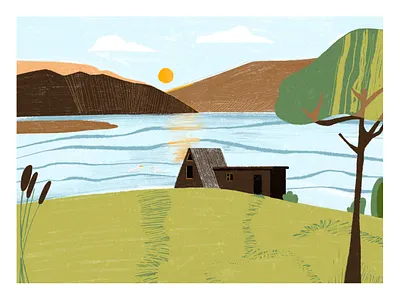 The house by the lake design environment house illustration lake mountain nature procreate sun tree