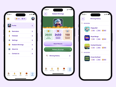 Mobile Esports: Profile, Redeem Winnings, and History Screens account management digital design esports platform mobile esports mobile gaming mobile ux play earn profile screen redeem winnings reward system user interface user profile winning history