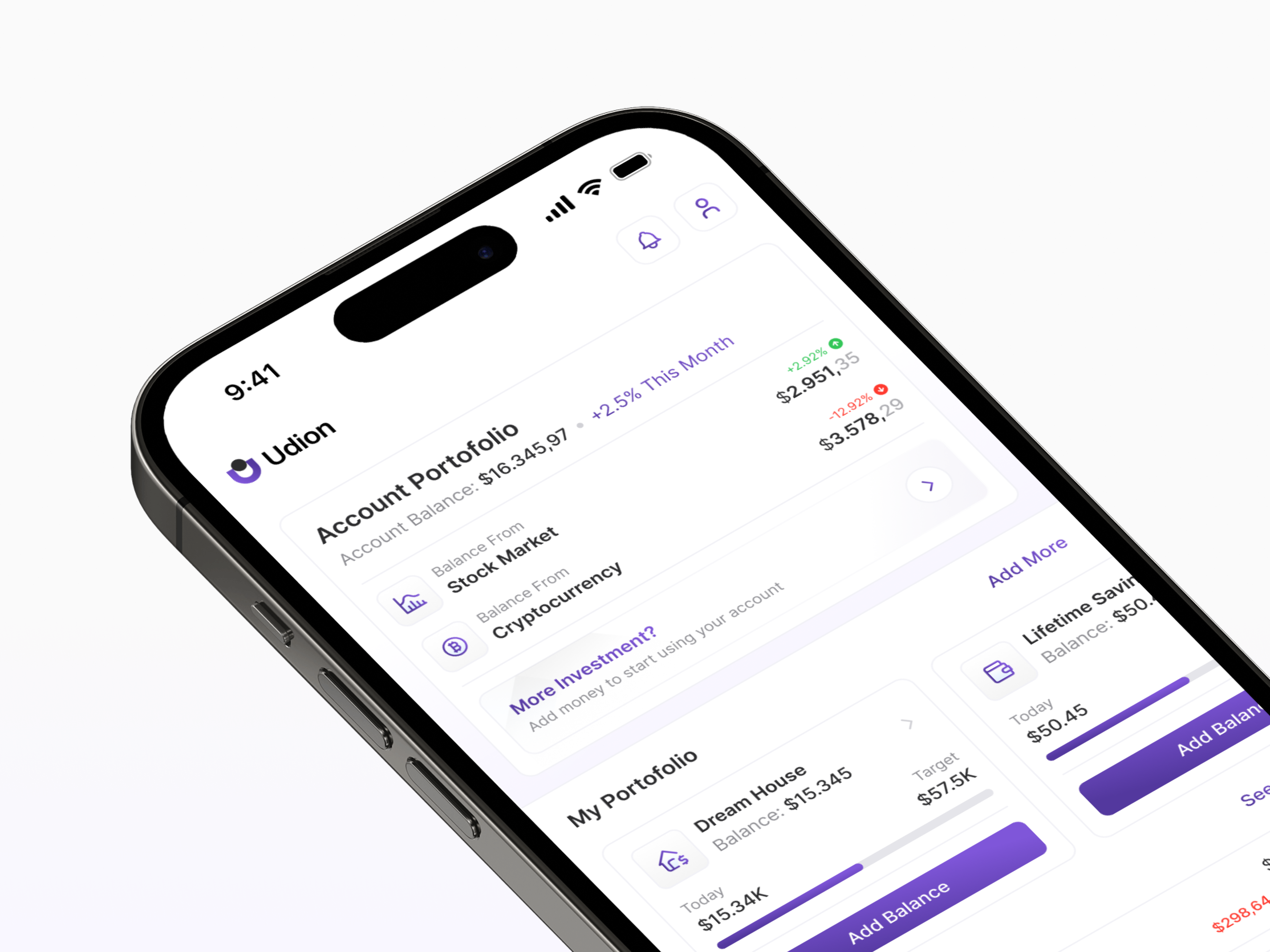 All-in-One Investment App app apple clean crypto design e money finance financial app fintech fintech app investment ios mobile app money purple saas stock transactions history ui white