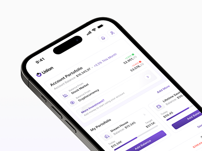 All-in-One Investment App app apple clean crypto design e money finance financial app fintech fintech app investment ios mobile app money purple saas stock transactions history ui white