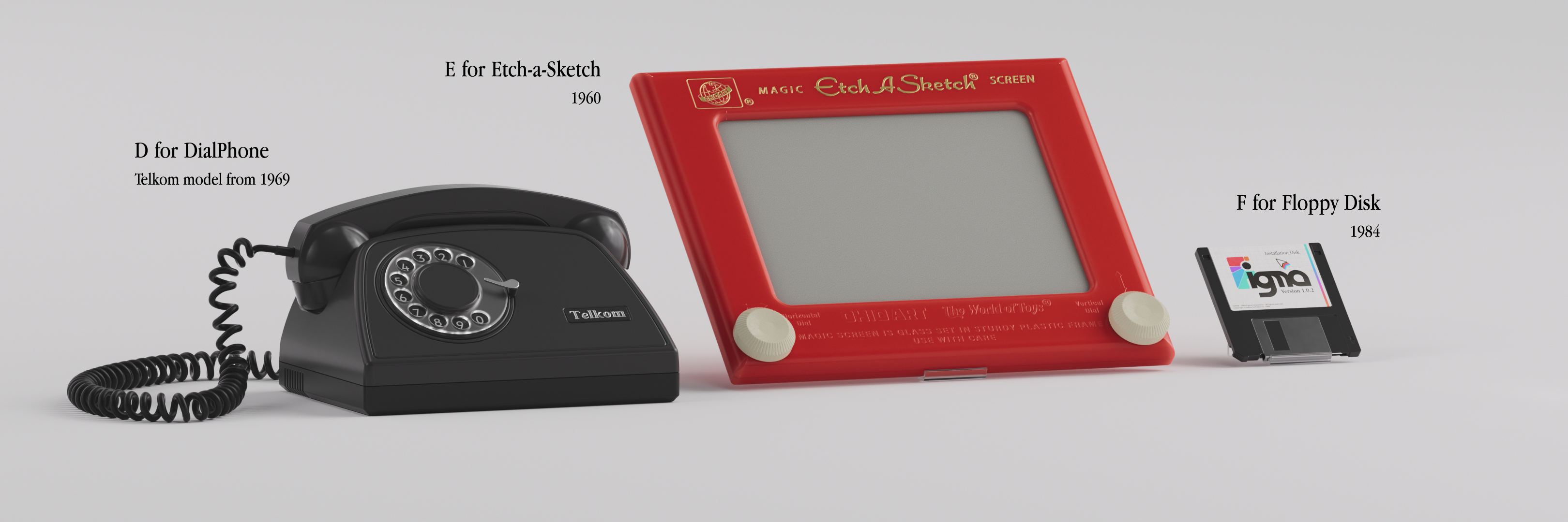 D for DialPhone, E for Etch-A-Sketch & F for Floppy dial etch a sketch floppy motiondesign phone