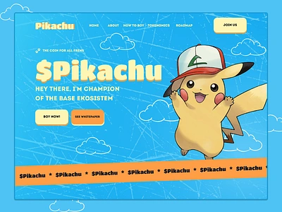 Pikachu - Meme Coin Landing Page Design bitocin blockchain coin landing page design inu landing page meme coin meme coin landing page meme homepage meme landing page meme token meme ui meme website design memes pikachu stonk trend ui web web design