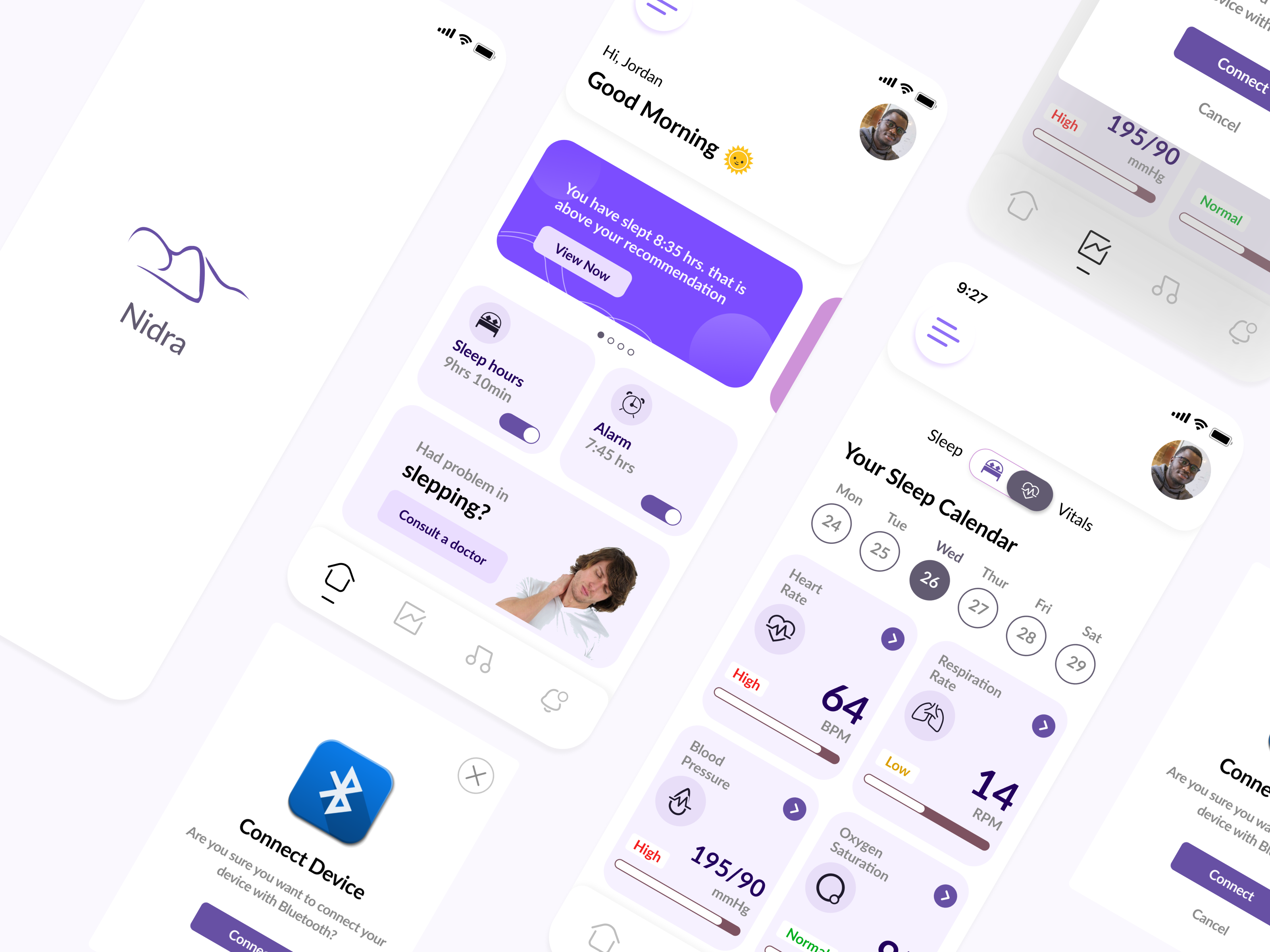 Bluetooth enabled NIDRA App Design app appdesign bluetooth enabled dailyui mobileapp sleepappdesign sleeptrackingapp ui uiuxdesign ux