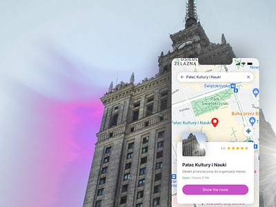 A map view screen with top searchbar and small modal popup blur figma location map map screen map view screen mobile mobile screen motion poland screen sightseeing ui ux warsaw