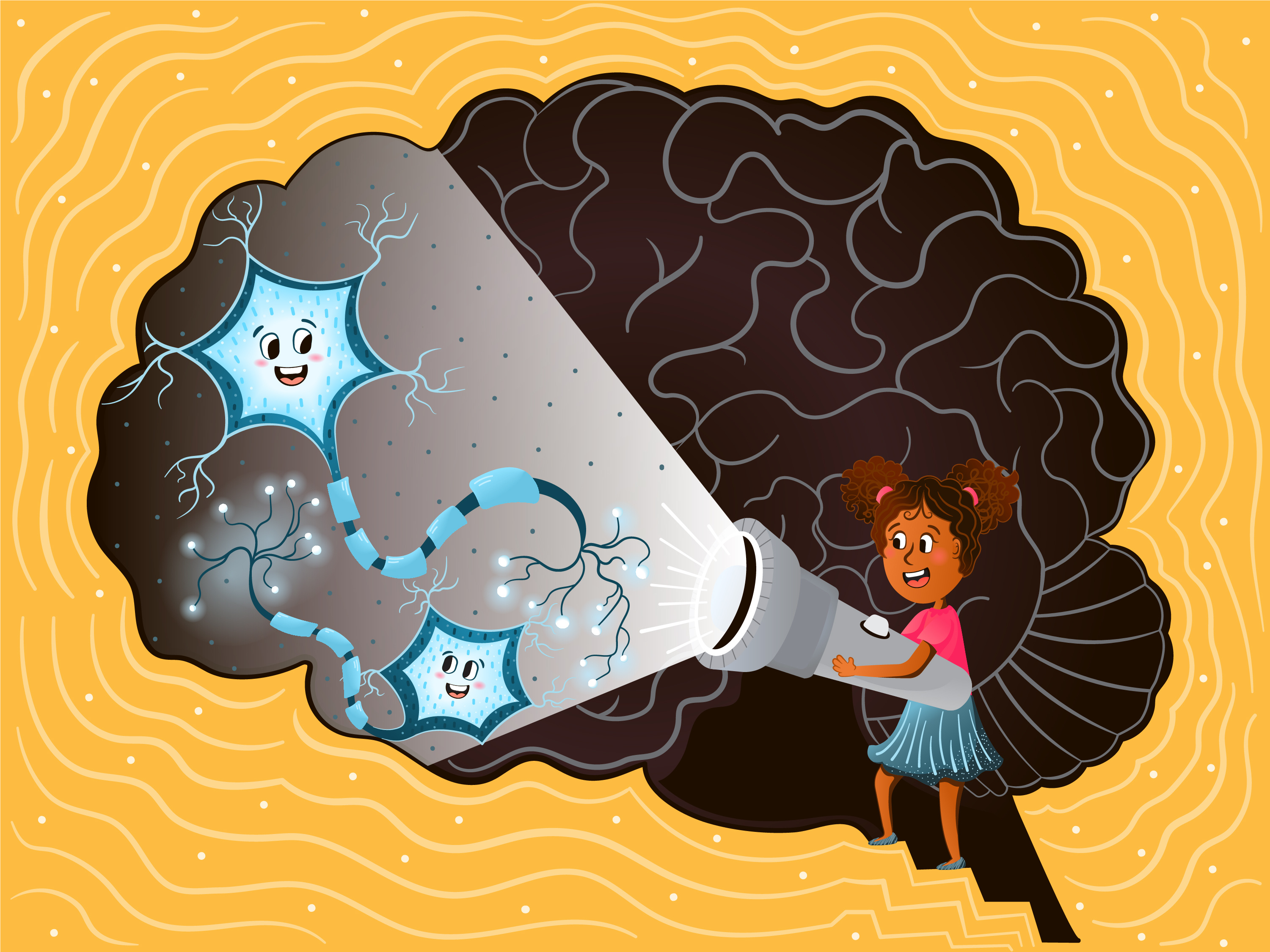 Book Illustration - Discover Your Brain 2d african american girl art book book illustration brain cartoon character character design childrens book illustration cute graphic design illustration illustrator science steam storybook vector