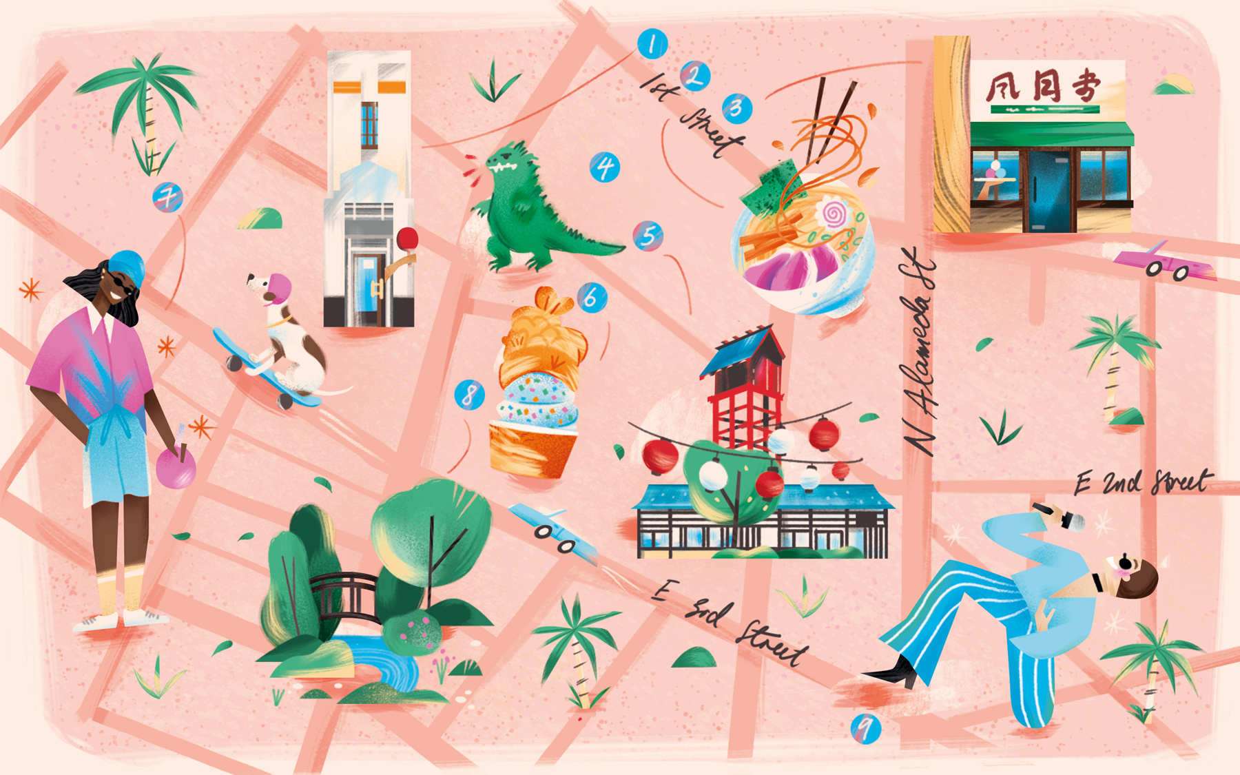 Little Tokyo, LA 2d character city colour digital editorial folioart illustration jia yi liu map texture travel