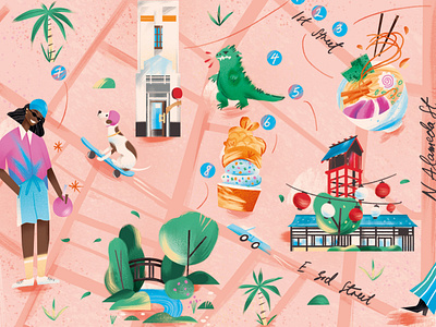 Little Tokyo, LA 2d character city colour digital editorial folioart illustration jia yi liu map texture travel