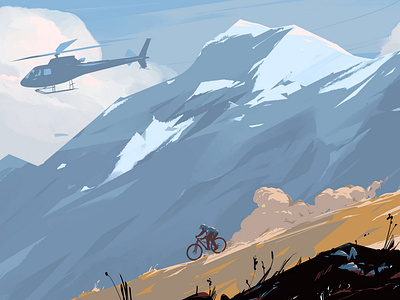 Heli-biking adventure digital dynamic editorial edward tuckwell folioart illustration landscape sport
