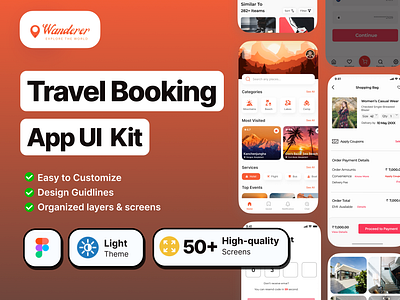 Wanderer Travel App UI Kit digitalmarketing fastercoder figma figma app front end developer html developer mobile app mobile app design ui designer ui kit ux designer