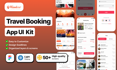 Wanderer Travel App UI Kit digitalmarketing fastercoder figma figma app front end developer html developer mobile app mobile app design ui designer ui kit ux designer