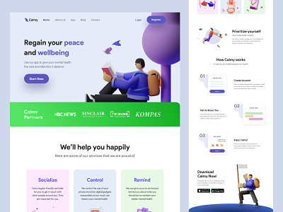 Calmy - Mental Health App Landing Page cta design fun colors fun website home home design home website home website design illustration landing page landing page design landing page website design marketing landing page design marketing website mental health app mobile app design mobile app website design testimonial user interface design web design website design