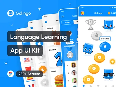 Golingo - Language Learning App UI Kit app app design application design design system education illustration interface language learning mobile online course online learning portfolio quiz template trivia ui ui design ui kit uiux