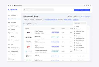 Company Filters - Research & Analysis App data enterprise productdesign saas software softwaredesign taskflow ui uidesign ux uxdesign webapp