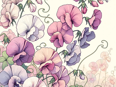 Climbing Grace by Aravind Reddy Tarugu aravind art candy colors climbing delicate design detailed floral graceful illustration pastel petals reddy soft spring sweetpea tarugu tendrils vector whimsy