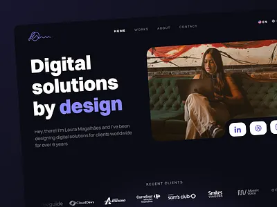 Portfolio 2024 available branding dark darktheme design dribbble freelancer photo portfolio product designer purple senior senior product designer shot ui ux uxui design webflow website worldwide