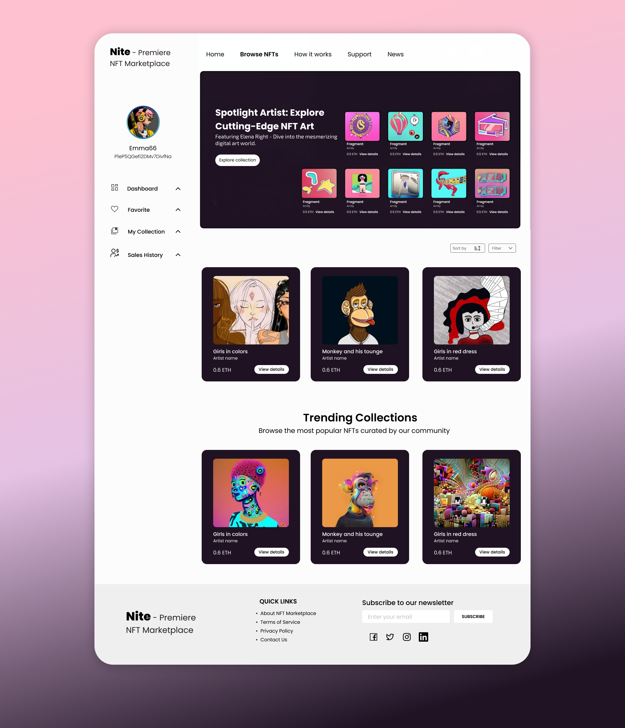 Nite: NFT Marketplace Collection Website blockchain crypto cryptocurrency dapp design digitalart featureduidesign nftart nftmarketplace nfts opensea ui uidesign uiux uiuxdesign web3 webapp webdesign webdesigner website