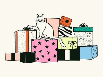 Colorful Cat & Gift Pile Illustration cat colorful dog feminine gift holiday illustration insurance mid century pattern pet pets stars texture vintage whimsical