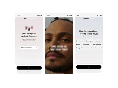 Therapist Matching App app design digital health emotional support emotional well being healthcare app intuitive interface mental health mental wellness minimalistic design mobile app mobile ui modern design personal health questionnaire self care therapist matching therapy app ui design user experience user interface