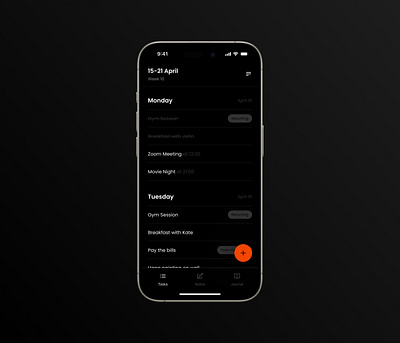 To-Do App Design Concept app calendar dark iphone journal list notes orange planner todo ui ux