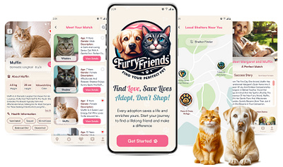 FurryFriends - Find Your Perfect Pet ai technology animal shelters educational resources engaging content figma furry friends high fidelity prototype illustrator matching tools mobile app pet adoption pet care pet profiles photoshop simplicity user centric design user experience (ux) design