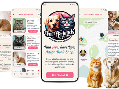 FurryFriends - Find Your Perfect Pet ai technology animal shelters educational resources engaging content figma furry friends high fidelity prototype illustrator matching tools mobile app pet adoption pet care pet profiles photoshop simplicity user centric design user experience (ux) design
