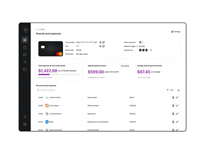 Spend management solutions for SMBs analytics app card dark mode desktop left menu list menu bar money product design saas saas design software table ui ui design ux design