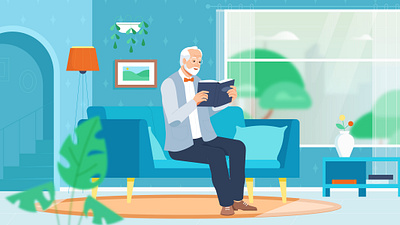 Memories animation character flat illustration interior motion older vector