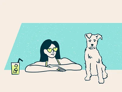 Whimsical Bride & Dog Wedding Illustration bachelorette cocktail dog elope feminine illustration mid century palm springs party pet pool texture vintage woman