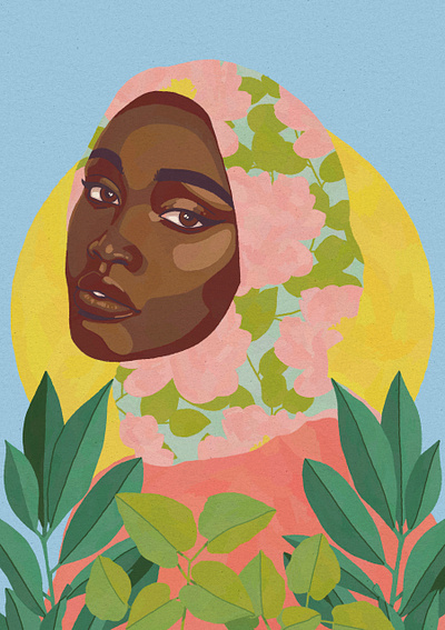 Her Light Shines african american botanical digital illustration female portrait floral hijab illustration nature portrait portraiture procreate