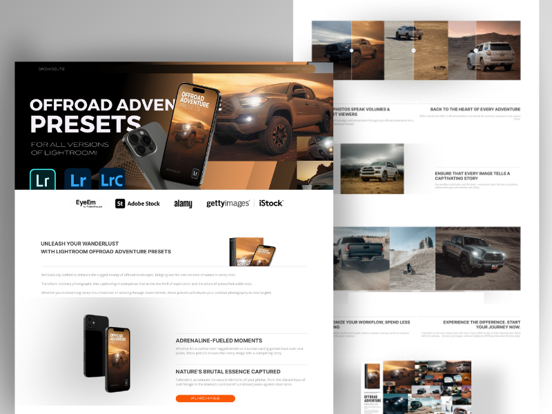 DREWDELTZ - Offroad Adventure Presets Landing Page Design branding collectable designer digital product ecom ecommerce graphic design lander landing page lightroom preset logo photographer photography product page simple theme ui ux web design web designer website