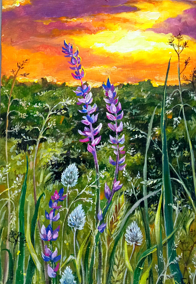 Ukrainian Landscape Acrylic Painting - Wildflower Field at Sunse acrylic art floral hand painted handmade nature paint painting plant ukraine