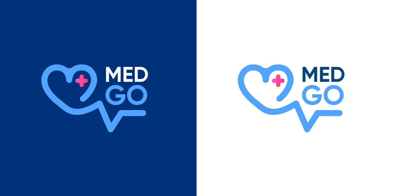 Logotype "MEDGO" blue go heart logo logotype medgo medical medicine pulse white больница логотип медицина сердце